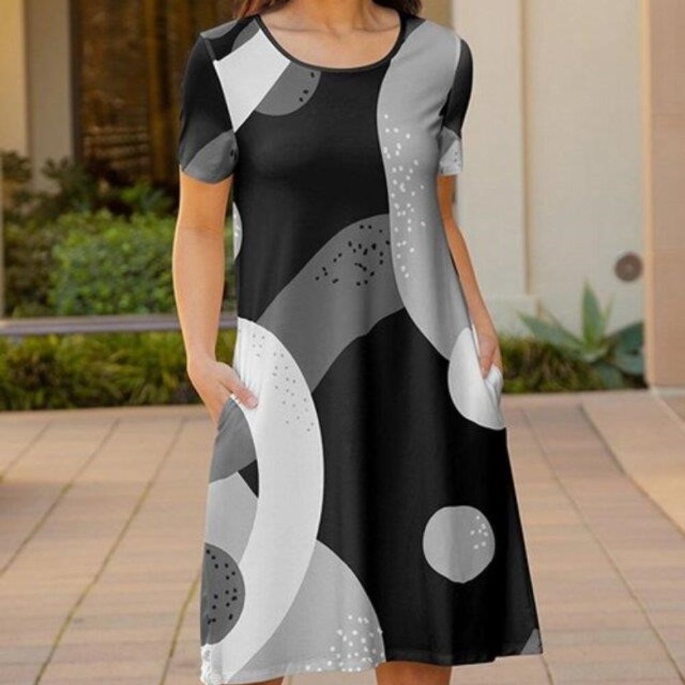 BOGO! Lily Black & Gray Abstract Geometrical Pocket Scoop Neck Midi Dress  2X